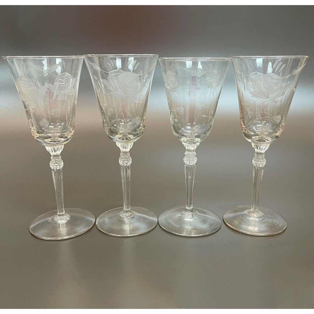 Vintage Etched Glass Glasses Floral Roses Stemmed 6 1/2" and 6 3/8" Lot of 4